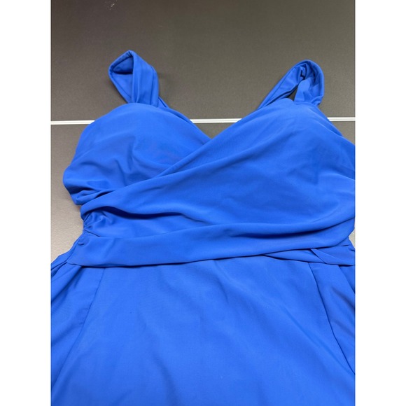 Royal Blue Surplice Swim Dress One Piece Swimsuit Flared Skirt Crisscross Back - Picture 3 of 10